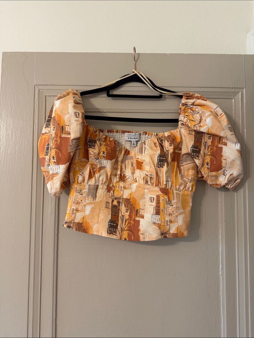 Abstract Mustard & Rust Puff Sleeve Crop Top